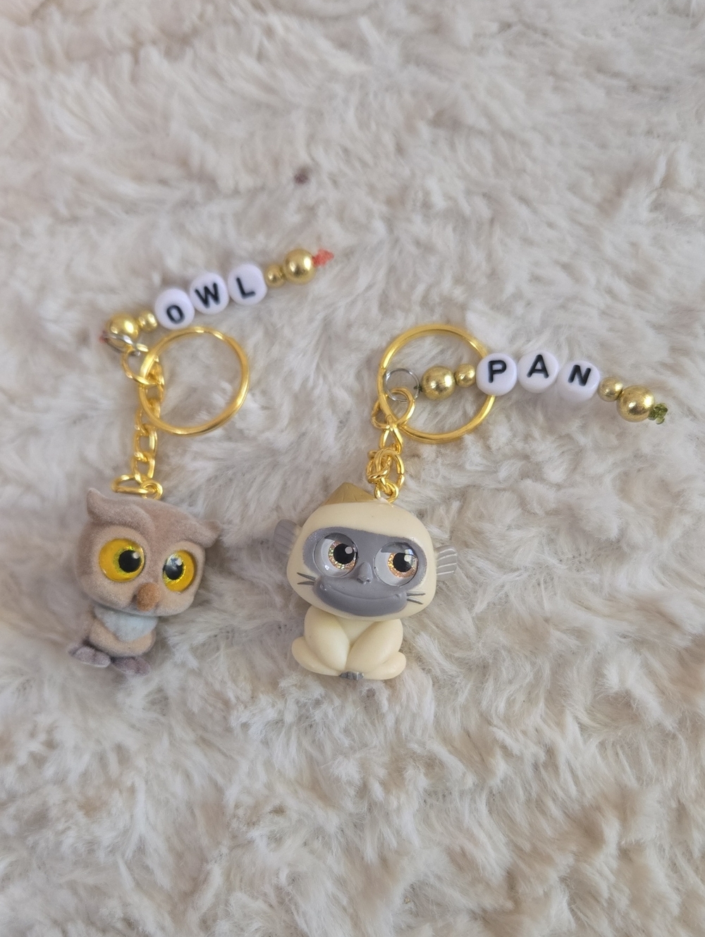 Handmade  Plush Owl & Cat Keychain Set - Cream and Brown